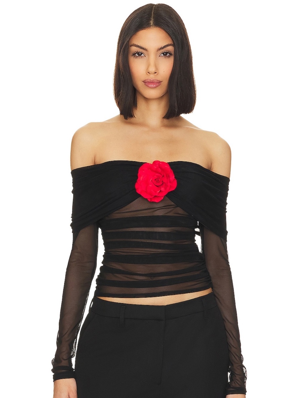 Amanda Uprichard Black Off-Shoulder Sheer Top with Red Rose
